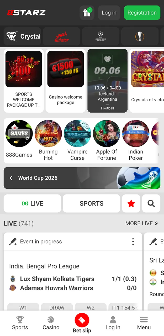 The 888starz app homepage.