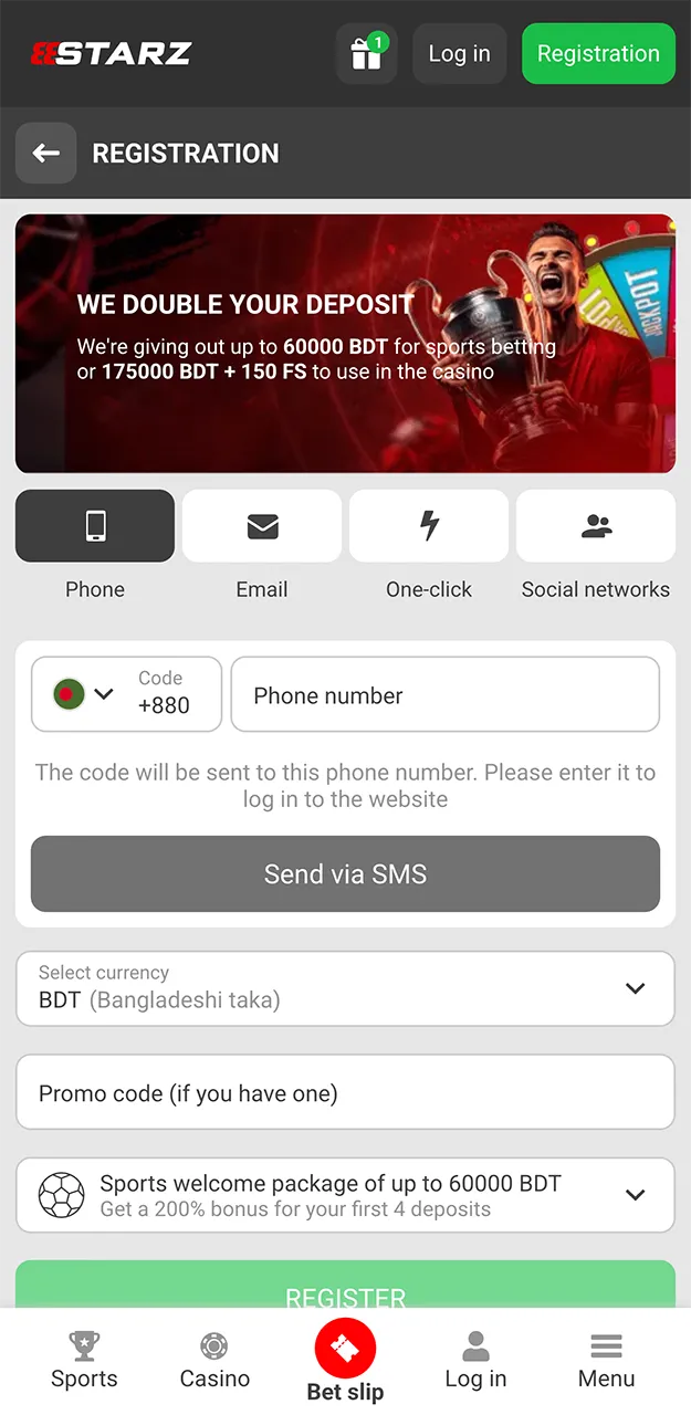 A form with registration methods for the 888starz app.