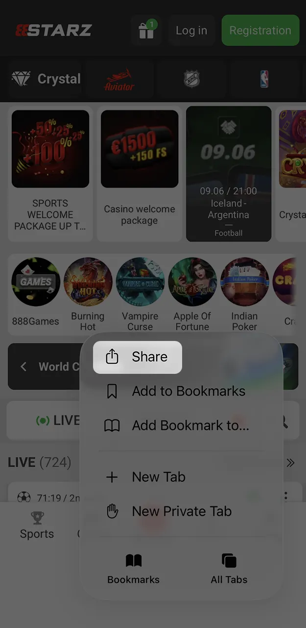 Open the Safari browser menu and start installing the 888starz app.